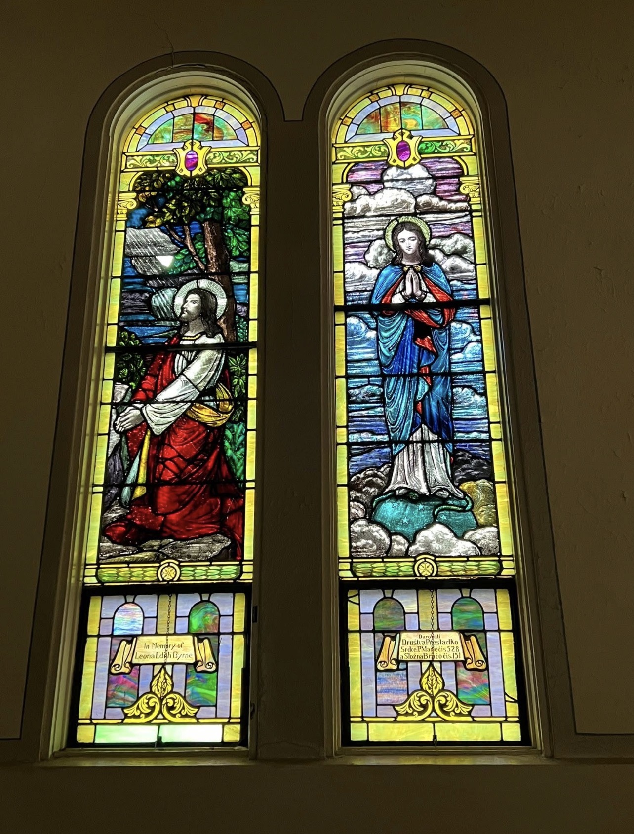 Historic stained-glass window preserved at the Rose Garden Center for the Arts