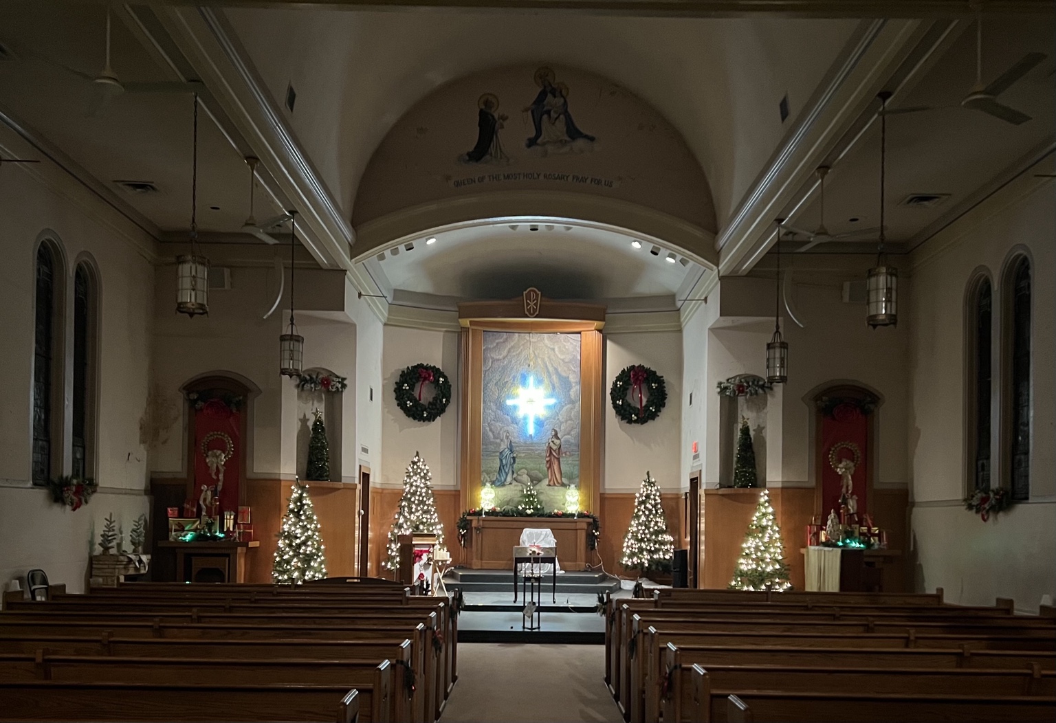 Catherine Kelly Auditorium decorated for Christmas